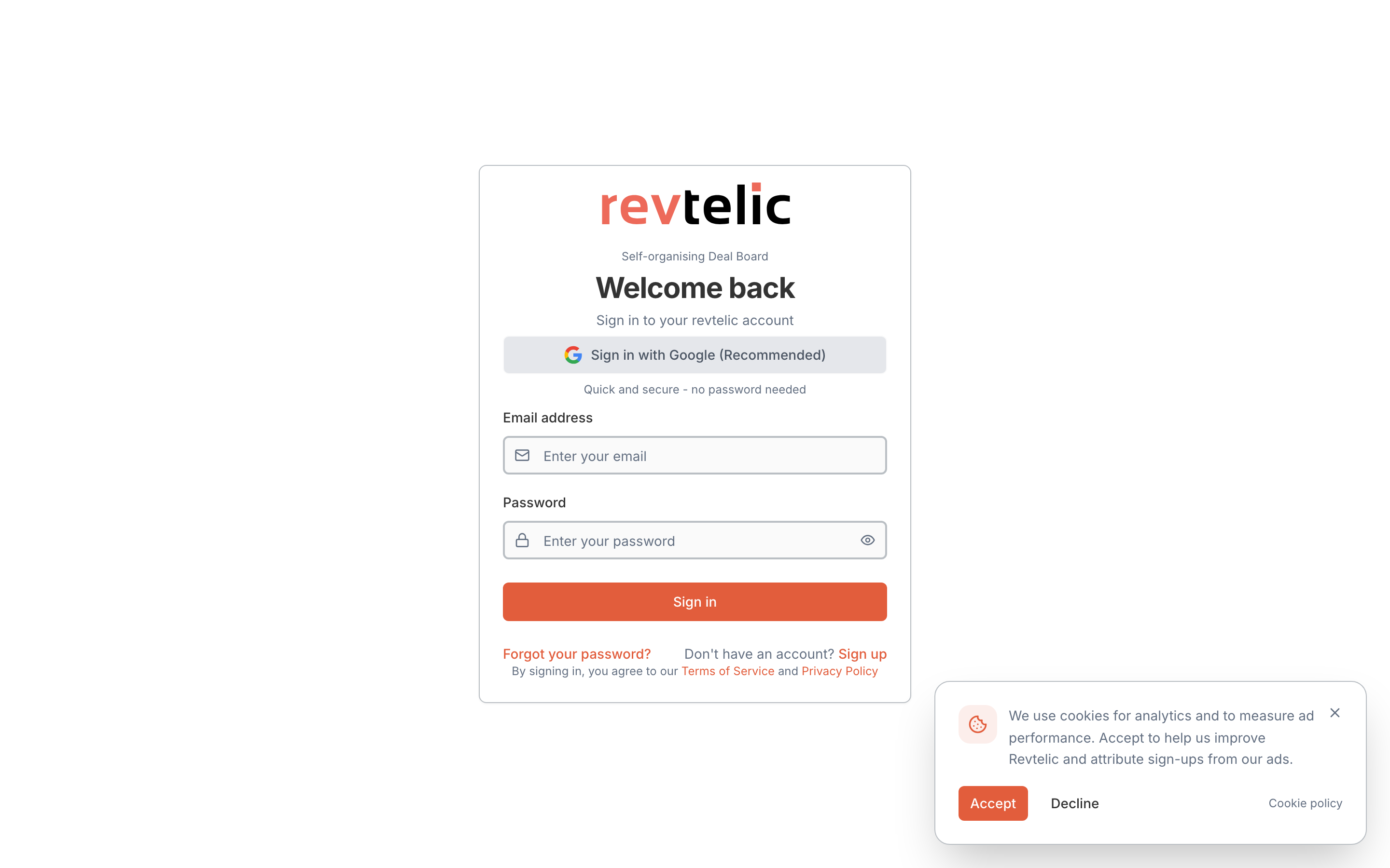 Figure 1: Revtelic sign-in screen with one-click Google OAuth and email credentials