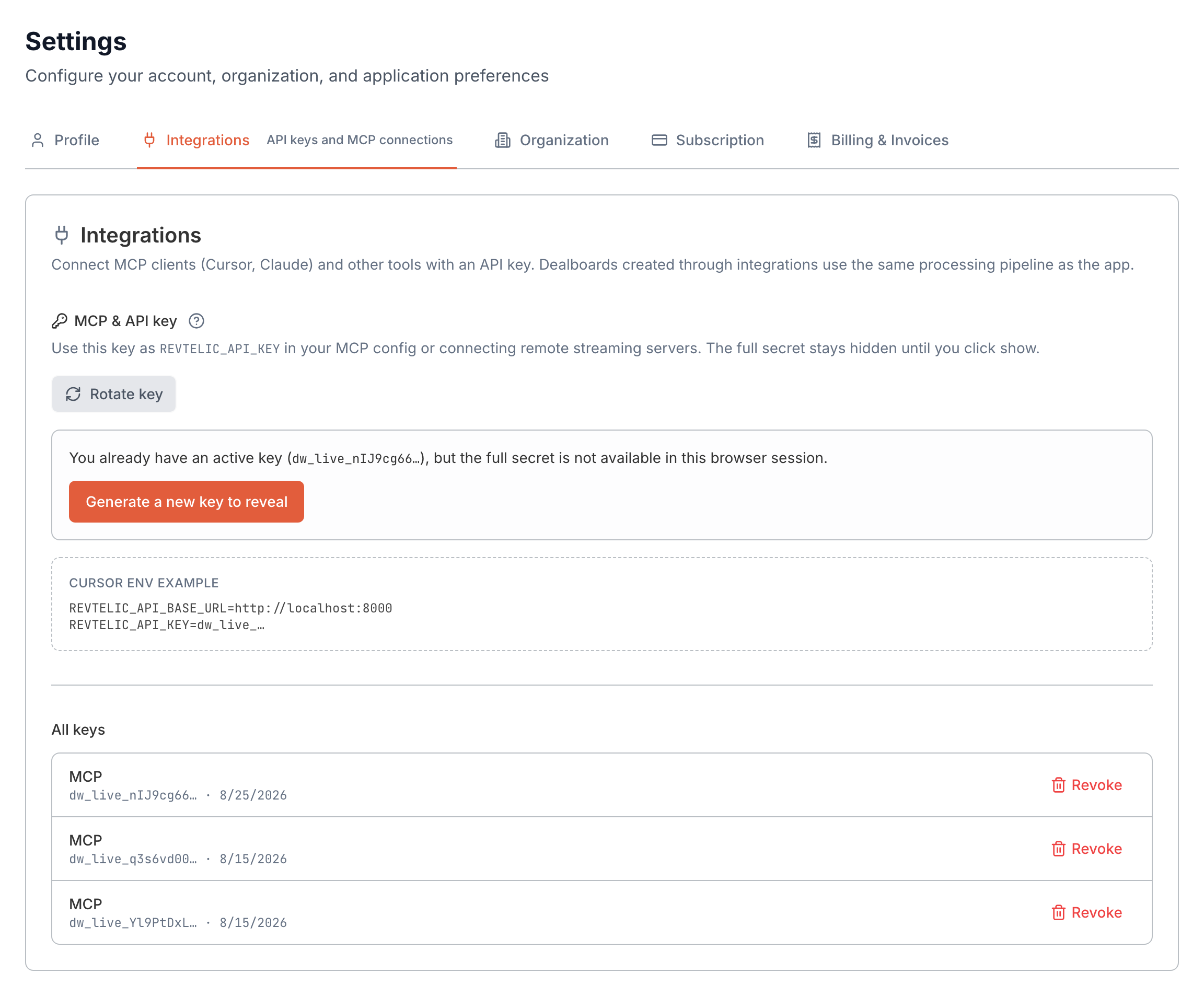 Figure 2: Integrations dashboard showing active MCP API keys, one-time secret revelation, and external AI client connectors