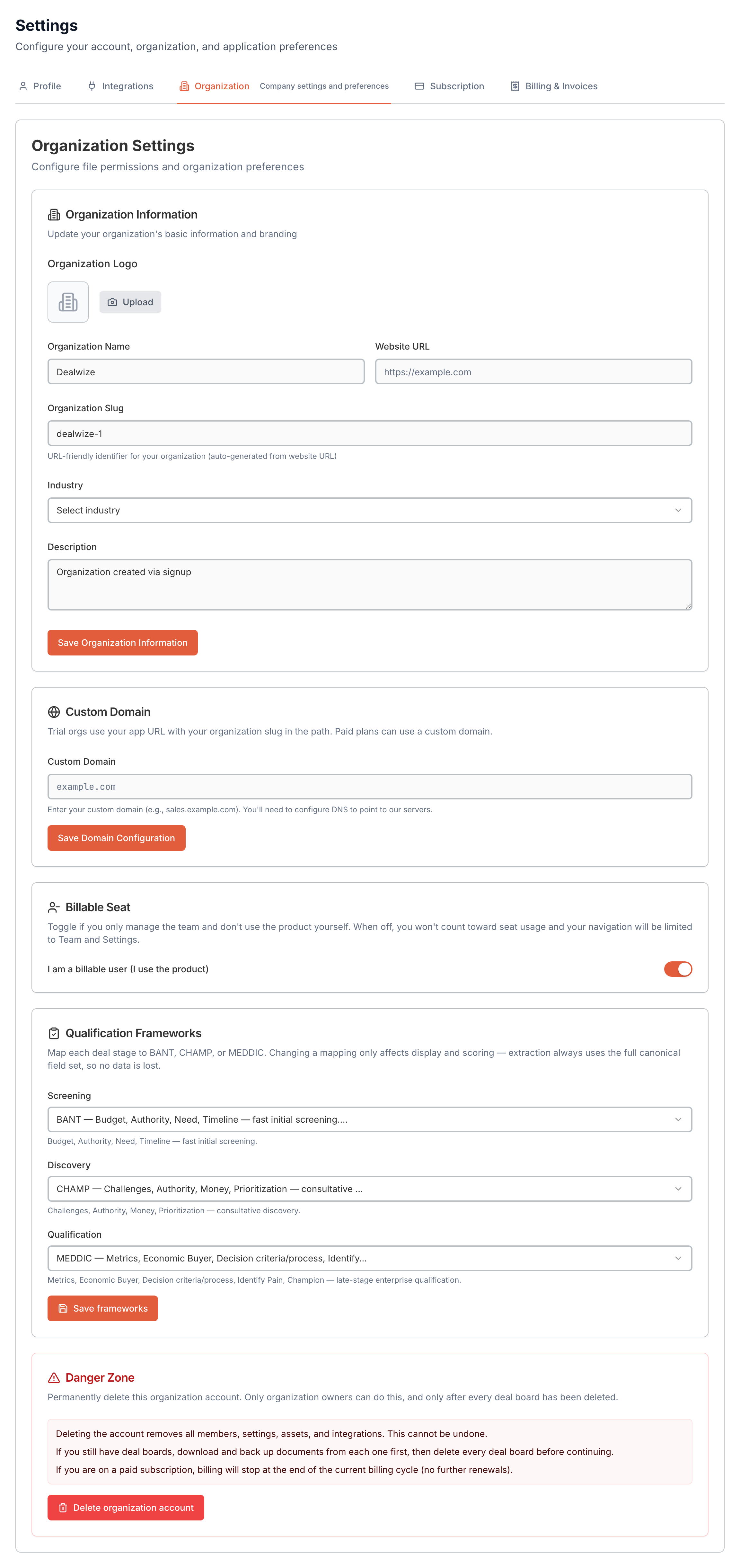 Figure 3: Organization administration view showing company identity, branding logo upload, custom domain settings, and qualification frameworks