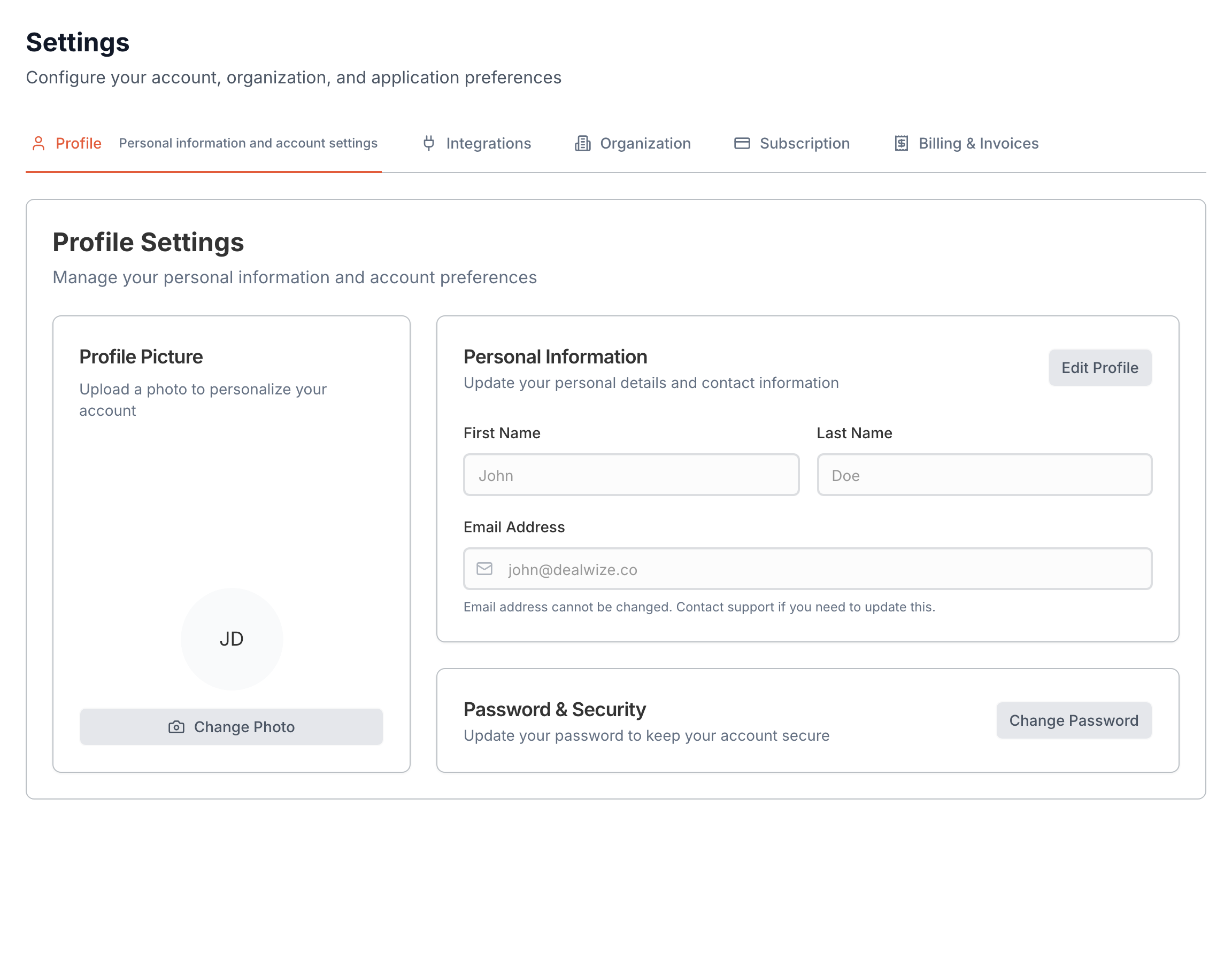 Figure 1: Personal profile settings panel showing avatar upload, name, email, and password security controls