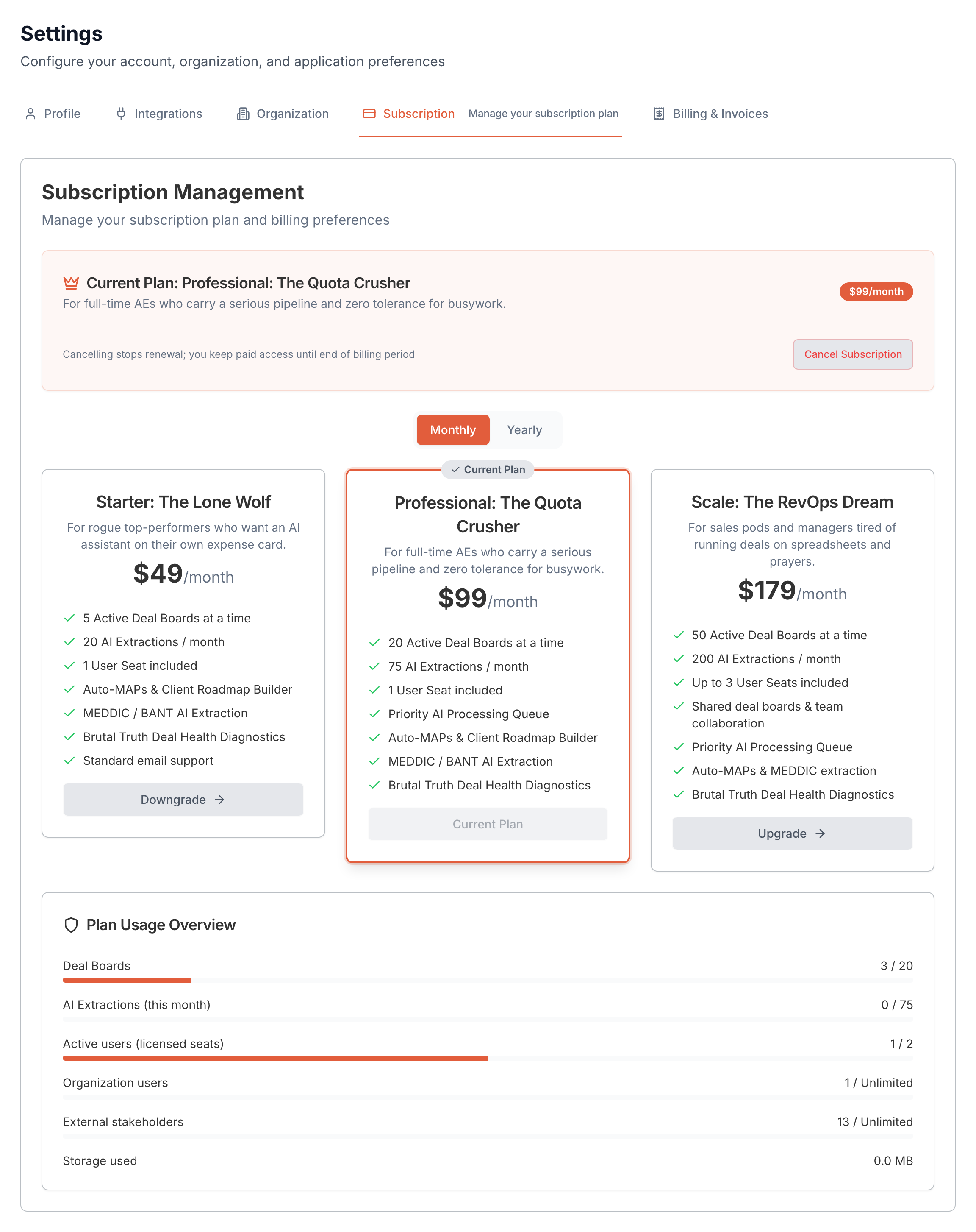 Figure 4: Subscription and billing management showing plan tier, seat allocations, Stripe customer portal access, and invoice download history