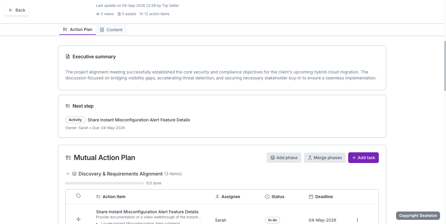 Figure 2: Stakeholder View accessed via the Preview button, showing live engagement telemetry, customer executive summary, critical next step, and the collaborative Action Plan workspace